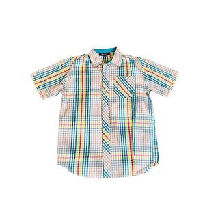 Rocawear Boys Collared Button Down Blue Tan Pink Plaid Shirt LARGE